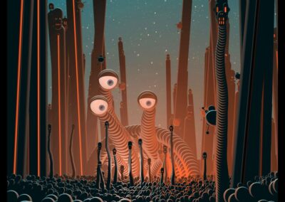 Surreal landscape featuring elongated, striped creatures with large eyes among towering, cylindrical structures and floating orbs in a starry sky.