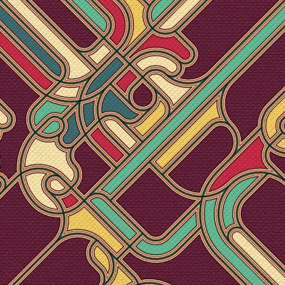 Kusamehewa Abstract geometric pattern featuring intertwining lines in red, yellow, green, and blue against a deep maroon background.