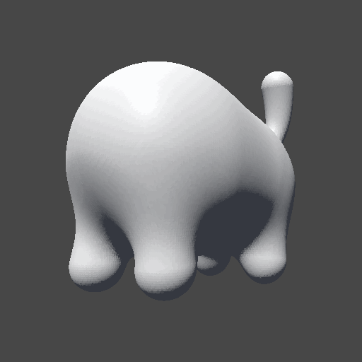 nekropunk A GIF of a shiny, stylized white dog seen from behind, featuring a round body, short legs, and a small, wagging tail, against a dark background.