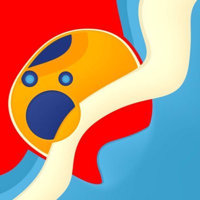 stranger in the q A colorful abstract design featuring a yellow face with a surprised expression against a vibrant red and blue background.