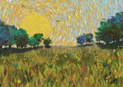 Digital painting of a sunlit meadow with tall grass, wildflowers, trees on both sides, and birds flying under a swirling yellow-orange sky.