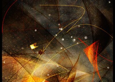 Abstract digital artwork featuring swirling lines, glowing orange and yellow shapes, and scattered white orbs on a dark background.