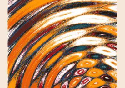 Abstract swirling pattern with concentric orange, white, red, and dark blue brush strokes on a light background.
