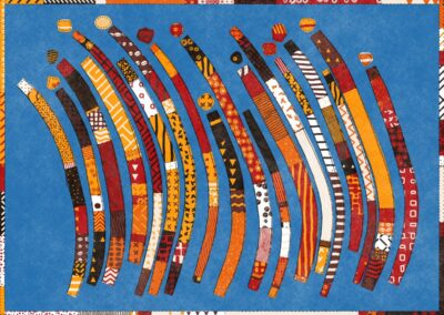 Abstract art featuring curved, patchwork-patterned strips in red, orange, yellow, black, and white on a blue background.