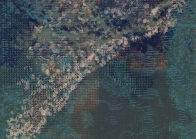 Abstract digital artwork featuring muted teal, brown, and white textured patterns with layered floral and geometric shapes.