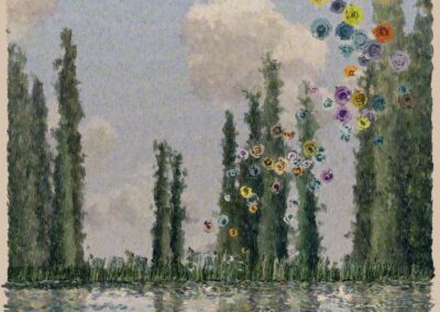 Tell, skinny trees reflected on a lake, with floating balloons in the air, in an impressionist style
