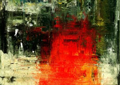Abstract painting with textured layers featuring dominant red and orange hues in the center, surrounded by dark green, blue, and yellow accents.