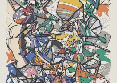 Abstract colorful graffiti-style artwork with overlapping shapes, lines, and patterns in vibrant hues on a beige background.