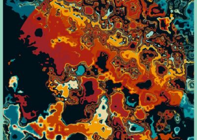 Abstract fluid art with swirling patterns in fiery reds and oranges contrasted by cool blues and teals.