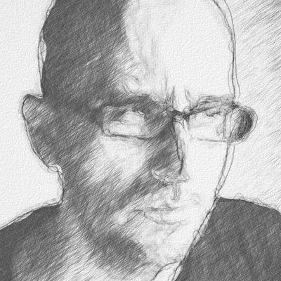 Sketch-style portrait of a man wearing glasses, with a thoughtful expression and shading enhancing facial features.
