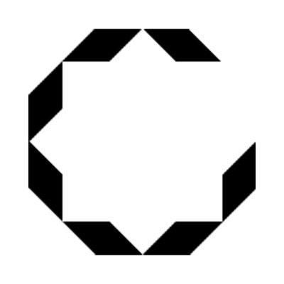 Abstract geometric design featuring black angular shapes arranged in a circular pattern on a white background.