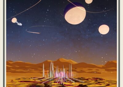 Futuristic cityscape with tall glowing towers under a starry sky and large moons or planets orbiting above a colorful patterned landscape.