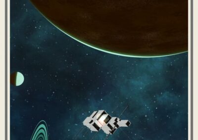 Spaceship floating in a starry space scene with three planets, including one with rings and a large brown planet overhead.