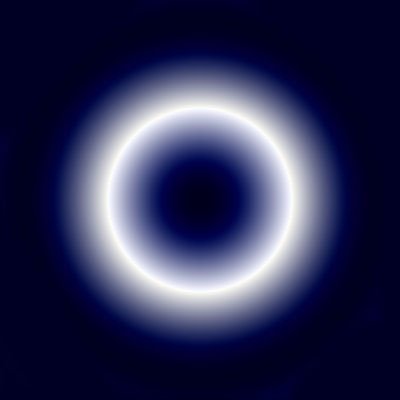 Glowing white circular ring with a soft gradient fading into a dark blue background, creating a luminous halo effect.