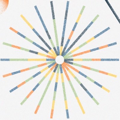 Abstract circular pattern with multicolored segmented lines radiating from a central white dot on a light background.