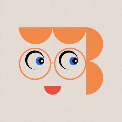 Abstract geometric face illustration with orange hair, round glasses, blue eyes, and a small red smiling mouth on a light background.