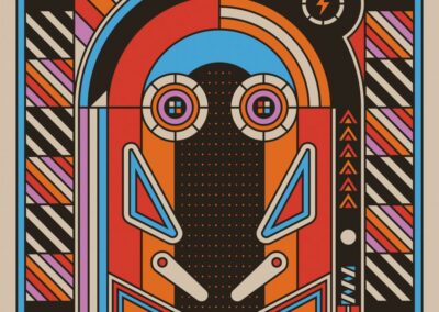 Abstract geometric design with vibrant colors, featuring circular and triangular shapes resembling a stylized face or mask.
