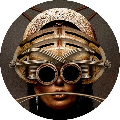 Stylized portrait of a woman wearing ornate metallic steampunk headgear, round goggles, and curved wire-like embellishments.