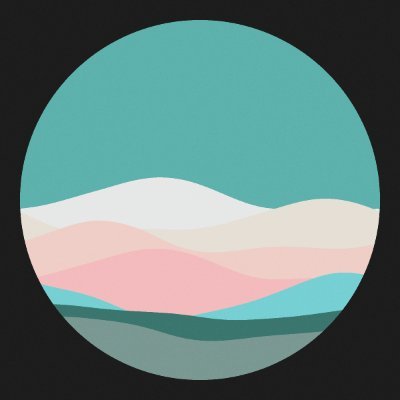 Abstract circular landscape with teal sky, layered pastel pink and cream hills, and dark green foreground.